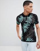 Asos Design Muscle Fit Knitted Polo With Leaf Design In Black - Black