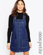 Asos Petite Denim Pinny Dress With Patch Pockets In Indigo - Mid Stone Wash