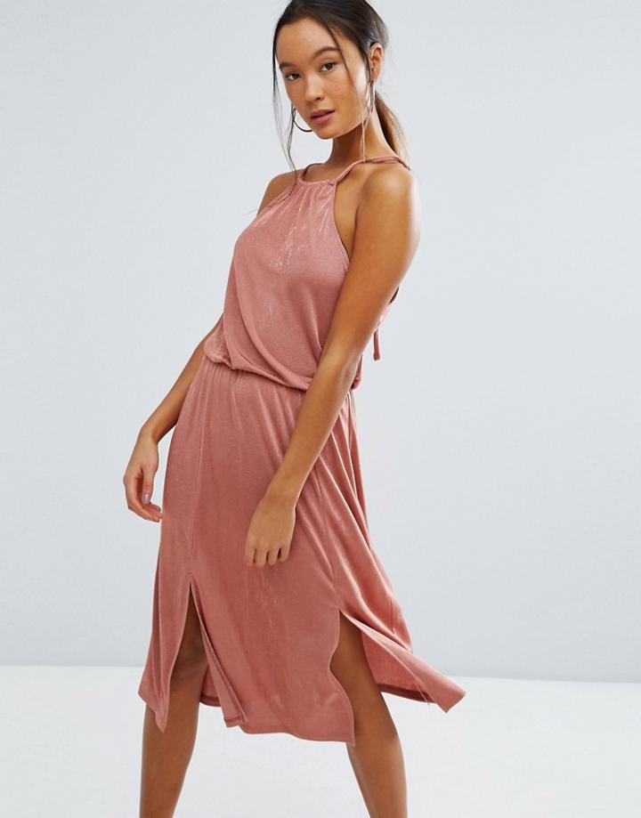 Asos Ruched Halter Midi Dress With Spliced Detail - Pink