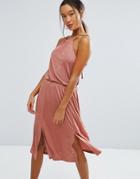 Asos Ruched Halter Midi Dress With Spliced Detail - Pink