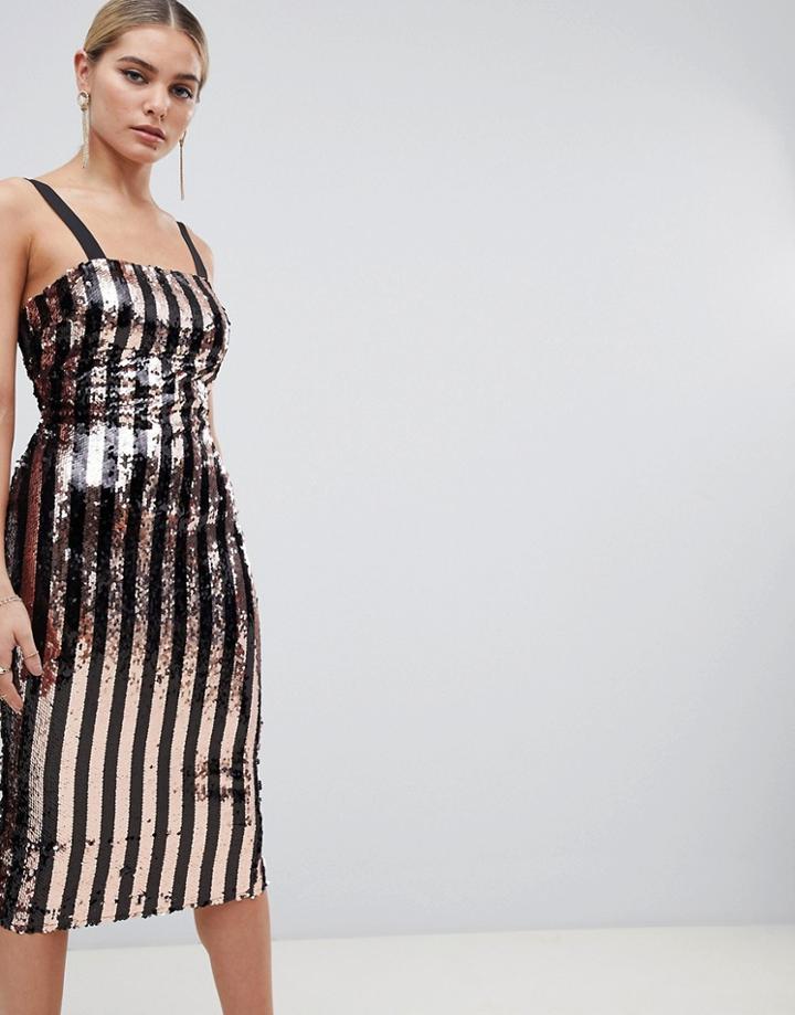 Outrageous Fortune Sequin Cami Midi Dress In Multi Stripe - Multi