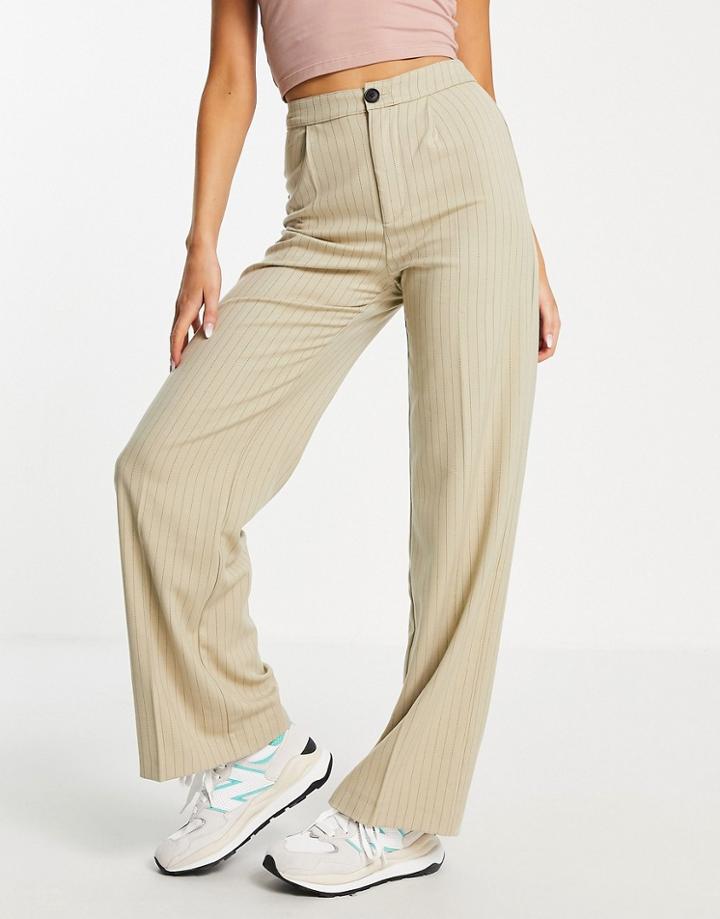 Pull & Bear Tailored Wide Leg Pants With Front Seam In Beige Pinstripe-neutral