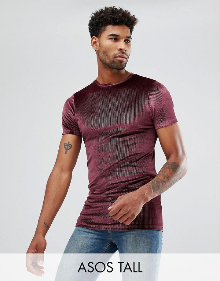 Asos Tall Longline Muscle T-shirt In Rib Velour In Burgundy - Red