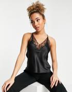 Asos Design Satin Cami With Lace Insert And Strap Back In Black