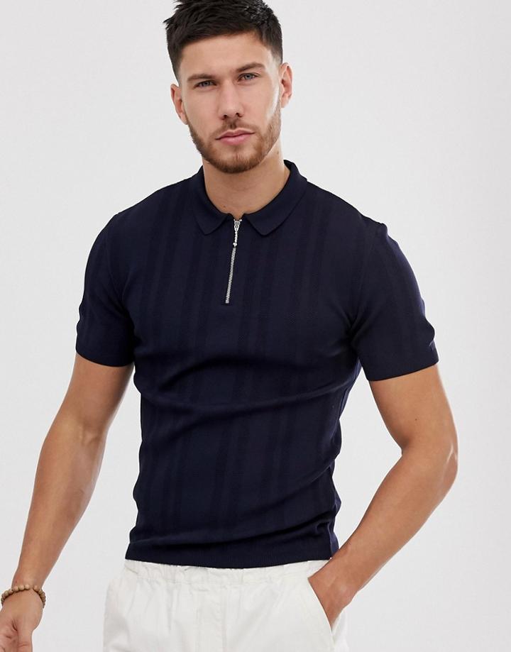 River Island Half Zip Knitted Polo In Navy - Navy