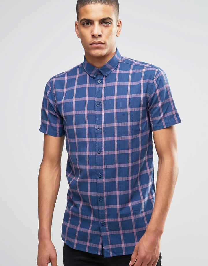 Minimum Shirt With Navy Check Short Sleeves In Slim Fit - Midnight