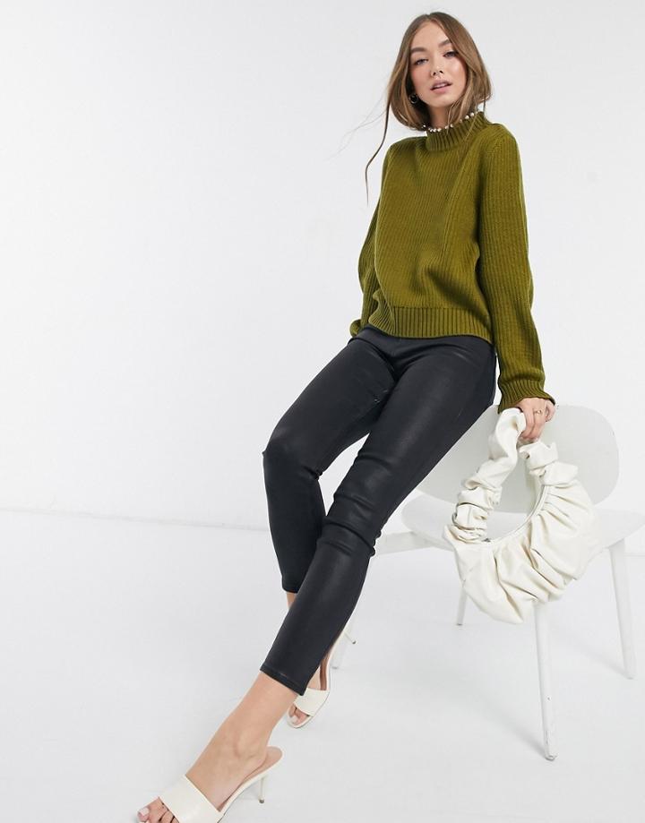 Vero Moda High Neck Sweater With Pearl Trim In Khaki-green