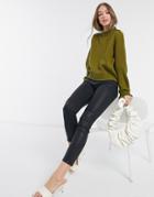 Vero Moda High Neck Sweater With Pearl Trim In Khaki-green
