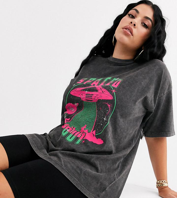 Asos Design Curve T-shirt In Acid Wash With Spaced Out Print-gray