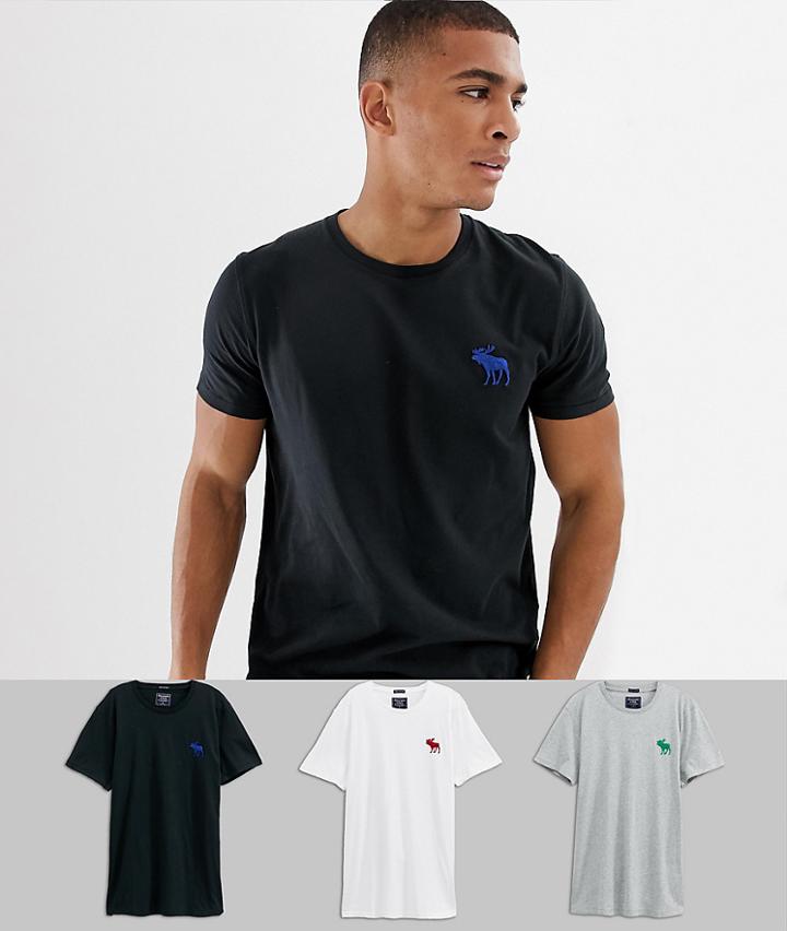 Abercrombie & Fitch 3 Pack Crew Neck T-shirt With Exploded Icon Logo In Black/white/gray Marl - Multi