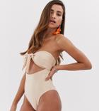 South Beach Tie Front Cut Out Swimsuit In Nude-beige