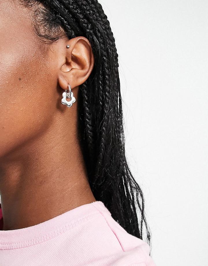 Topshop Flower Charm Hoop Earrings In Silver