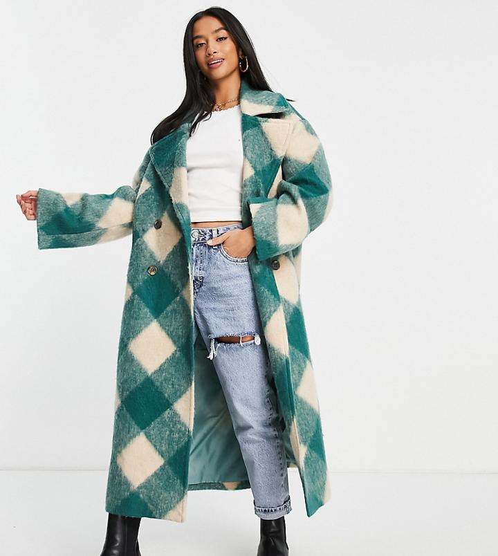 Asos Design Petite Hero Diamond Check Oversized Coat In Green