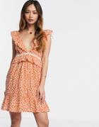 Asos Design Tiered Mini Sundress With Frill Lace Inserts In Ditsy Floral Print-multi