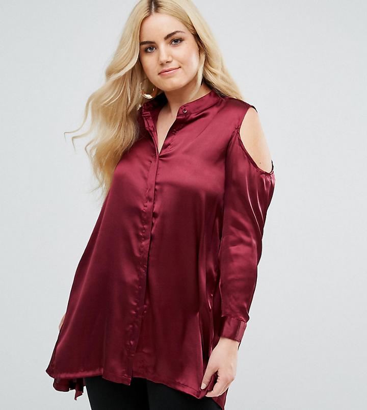 Ax Paris Plus Cold Shoulder Satin Shirt - Red