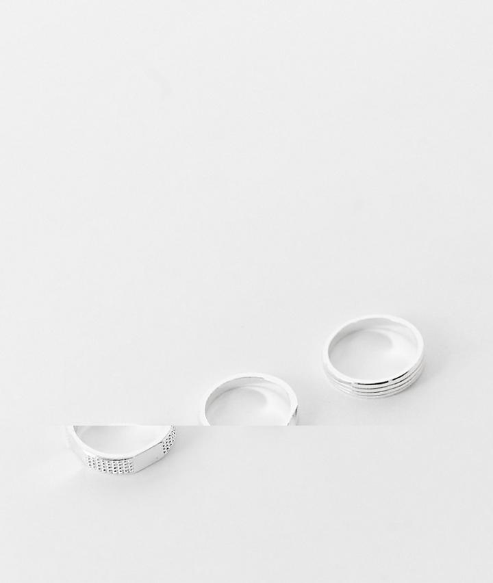 Asos Design 3 Pack Band Ring Set With Embossing In Real Silver Plate
