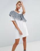 Asos T-shirt Dress With Woven Gingham Frill Detail - White