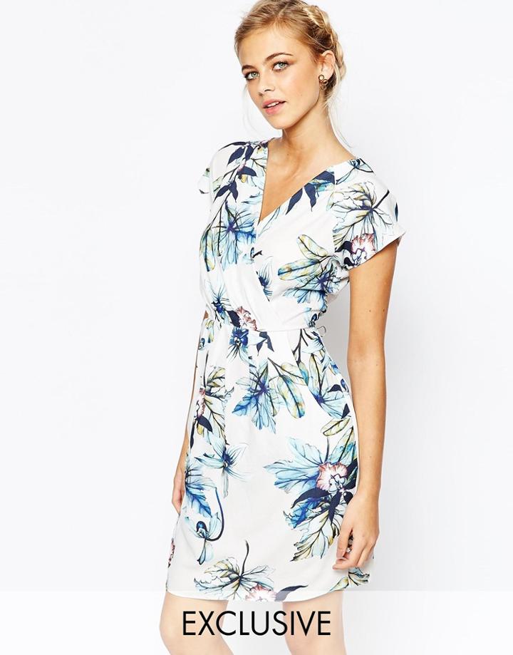 Closet Wrap Front Pleated Pencil Dress - Teal Floral