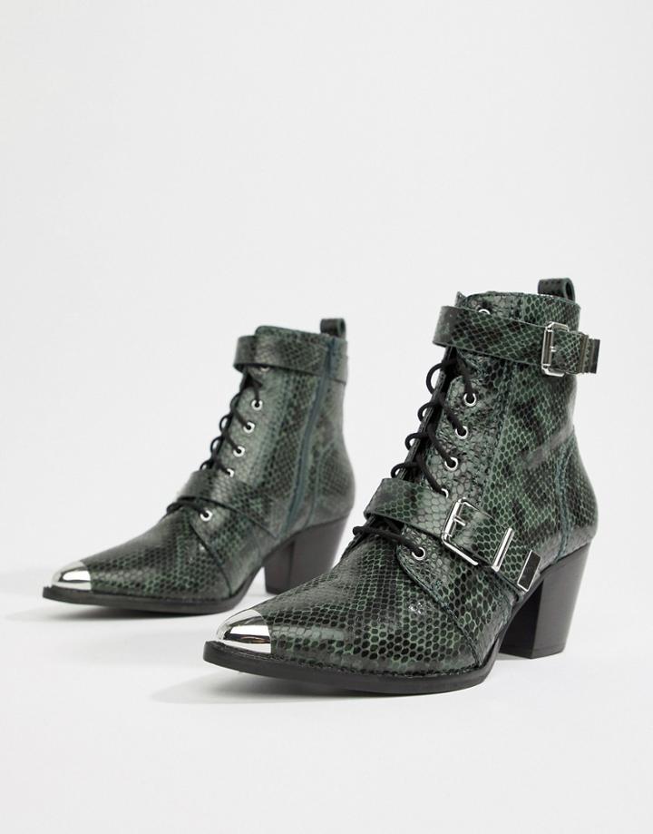 Asos Design Rhythmic Premium Leather Western Lace Up Boots In Snake-multi