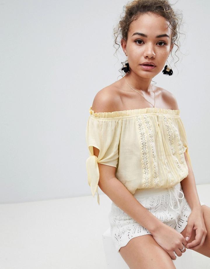 En Creme Short Sleeve Off Shoulder Crop Top - Yellow