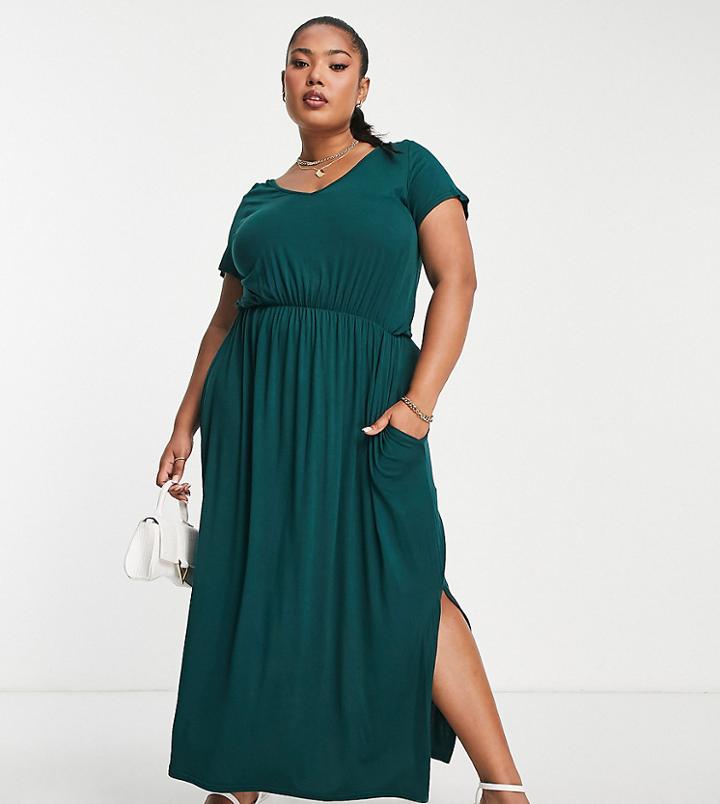 Yours Smock Midi Dress With Pockets In Dark Green