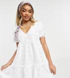 Asos Design Petite Eyelet V Neck Smock Dress With Puff Sleeve In White