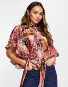 River Island Layered Cape Sleeve Pussybow Blouse In Pink