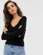 Asos Design Plated Rib V Neck With Button Cuff-black