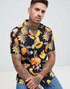 Asos Design Regular Fit Fruit Print Shirt With Revere Collar In Black - Black