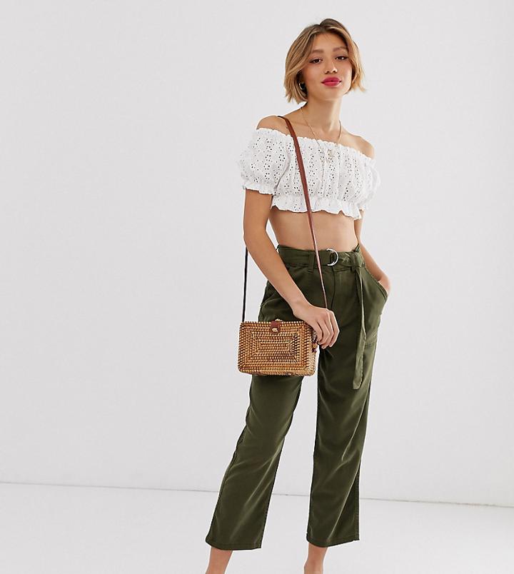 Miss Selfridge Petite Tapered Pants With Belt In Khaki - Green