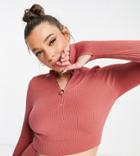 South Beach Seamless Zip Front Long Sleeve Crop Top In Cedar Rose-pink