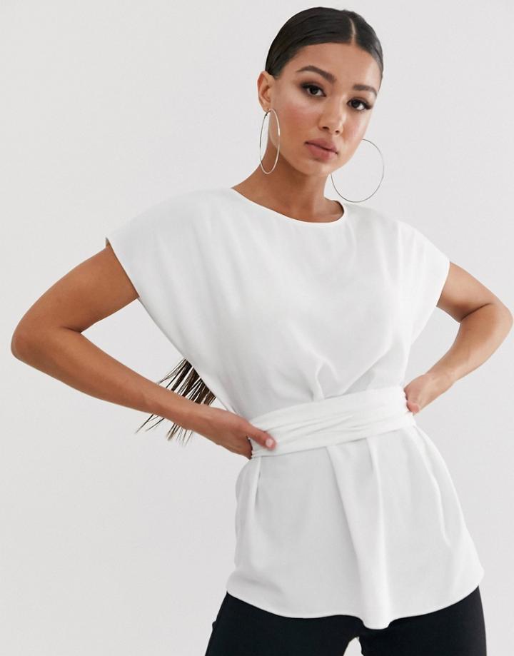 Asos Design Top With Wrap Around Waist Tie-white