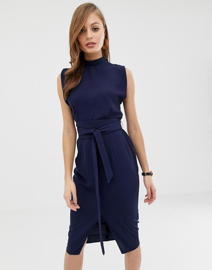 Asos Design Split Sleeve Midi Dress With Obi Belt - Navy