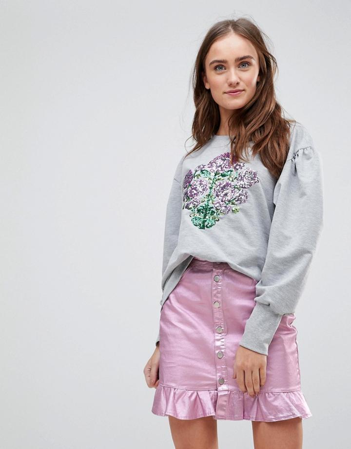 Chorus Mutton Sleeve Sweater With Sequin Floral - Gray