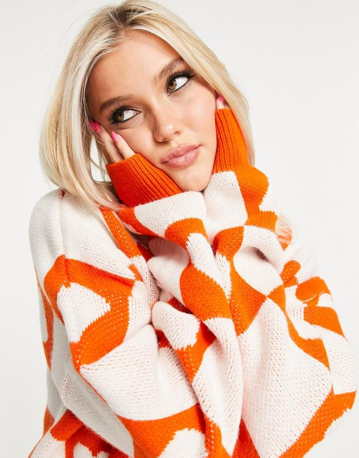 Topshop Knitted Heart Check Boxy Crop Sweater-orange