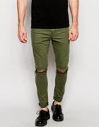 Asos Super Skinny Jeans With Deep Knee Rips In Light Green - Thyme