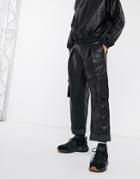 Asos Design Two-piece Balloon Fit Cargo Pants In Faux Leather-black