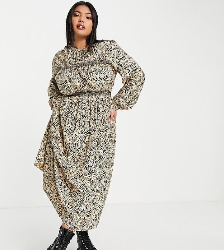Asos Design Curve Long Sleeve Shirred Midi Dress In Animal Print-multi