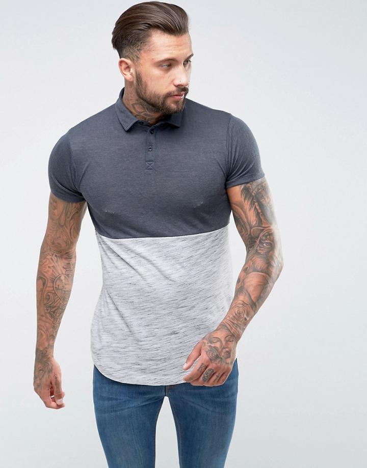 Asos Longline Polo Shirt In Mixed Textured Fabric With Curved Hem - Gray