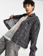 Asos Design Oversized Denim Jacket With Stud Detail In Washed Black