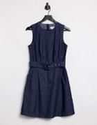 Warehouse Sleevless Belted Swing Dress In Mid Wash-blues