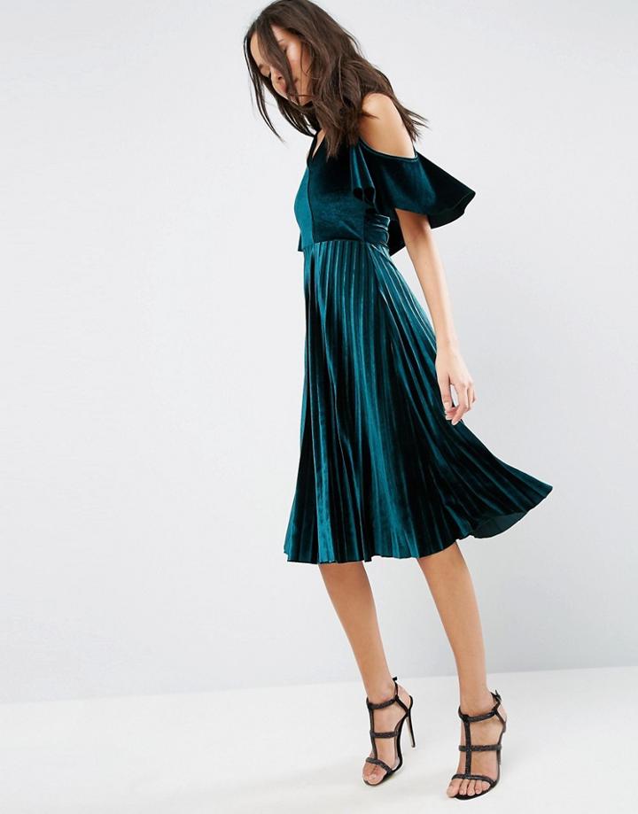 Asos Cold Shoulder Velvet Pleated Midi Dress - Green