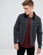 Only & Sons Denim Jacket With Fleece Collar - Black