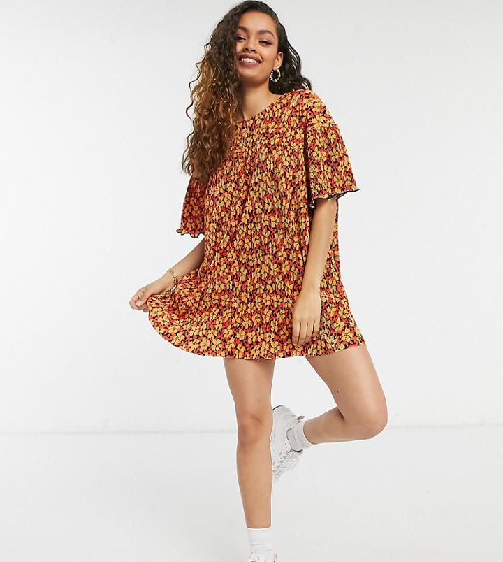 Asos Design Petite Mini Plisse Crewneck Dress In Orange And Black Floral