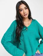 Asos Design V Neck Sweater With Textured Sleeve In Green