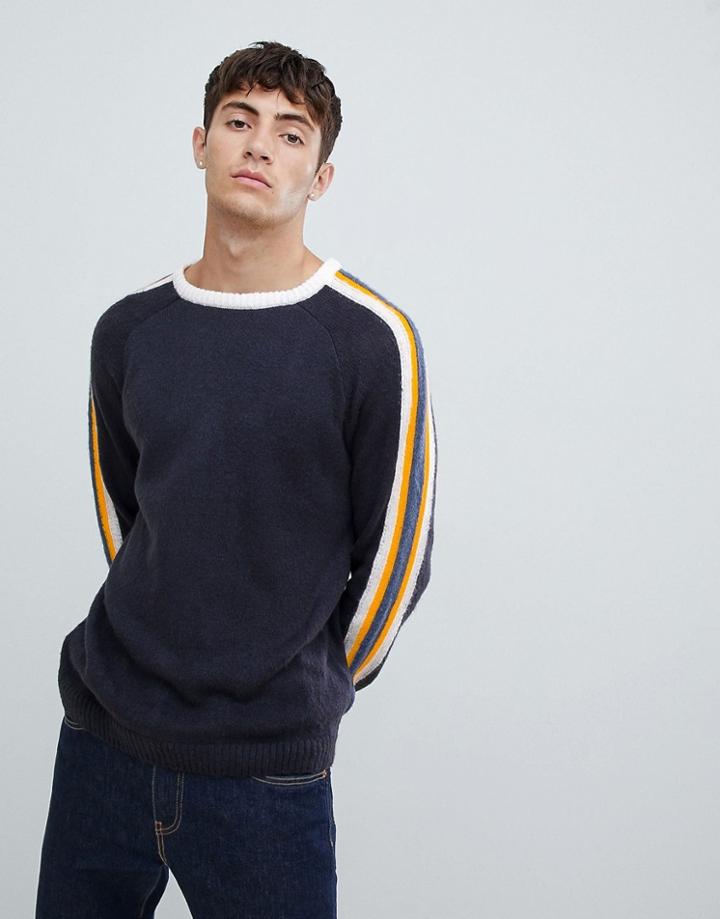 Asos Fluffy Sweater With Contrast Stripes In Navy