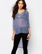 Influence Strip V-neck Blouse - Navy