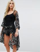 Rd & Koko Longline Kimono With Floral Embroidery - Black