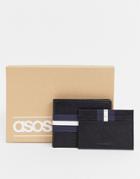 Asos Design Leather Wallet And Cardholder With Navy And White Stripe In Black