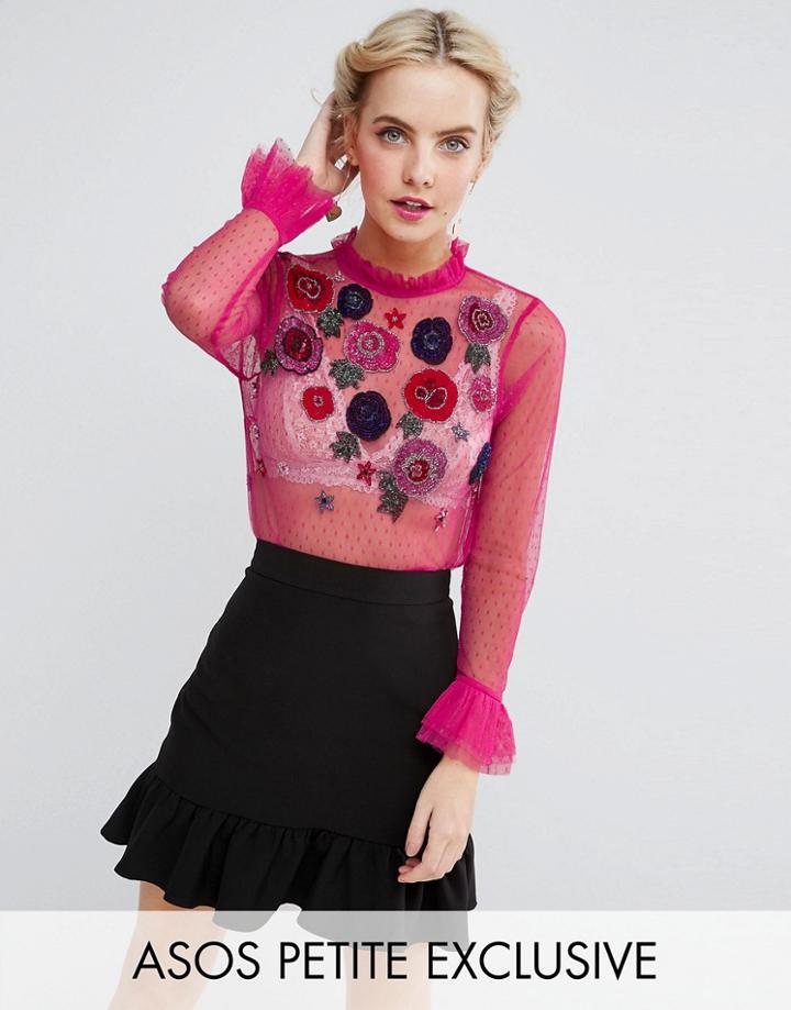 Asos Petite Top In Mesh With Floral Embroidery - Pink